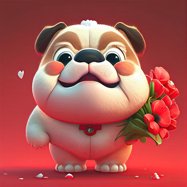 Bulldog lindo sonriente sosteniendo ramo en flores de colores aislar fondo cálido