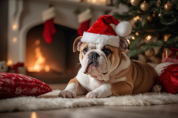 Bulldog mit Weihnachtsmütze genießt das Sofa im festlichen Wohnzimmer