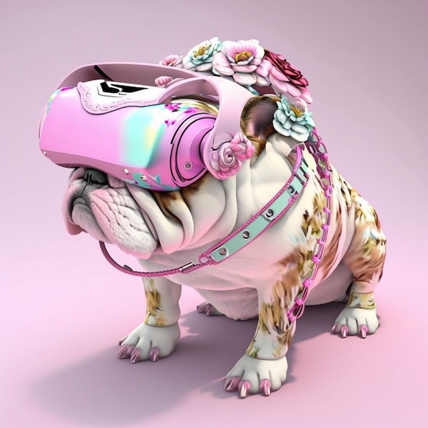 Bulldog de moda con auriculares VR al estilo Fairy Kei