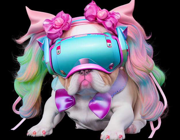 Foto bulldog de moda con auriculares vr al estilo fairy kei