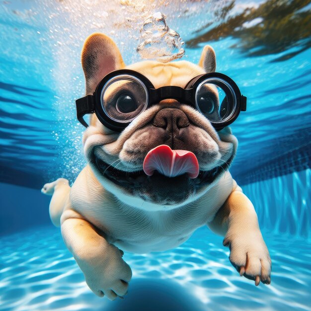 Foto un bulldog nadando en una piscina con gafas