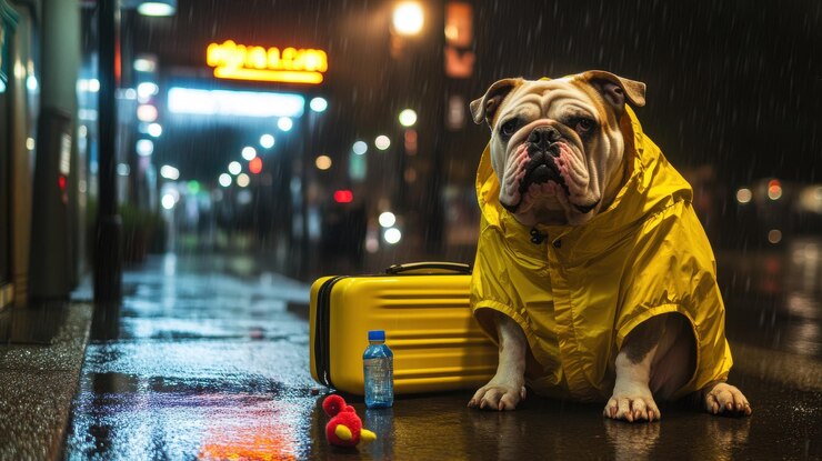 Bulldog paciente esperando en la parada de autobús lluviosa con maleta y juguetes