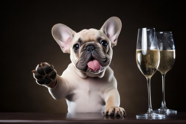 bulldog sentado com um copo de champanhe ou vinho celebrando o conceito festivo