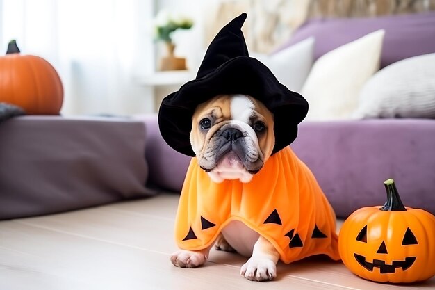 Bulldog con un sombrero negro y una capa naranja en honor a la fiesta de Halloween posa en una habitación
