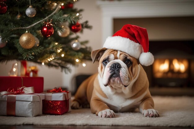 Bulldog con el sombrero de Santa disfrutando del sofá en la sala de estar festiva