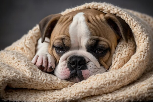 Un bulldog somnoliento acurrucado en una cubierta acogedora