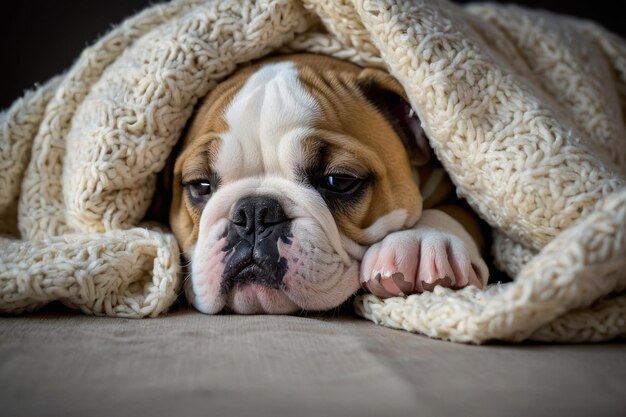 Un bulldog somnoliento acurrucado en una cubierta acogedora