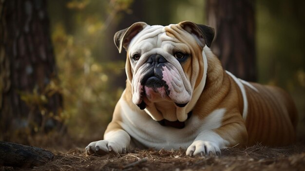 Un bulldog tirado en el suelo en el bosque