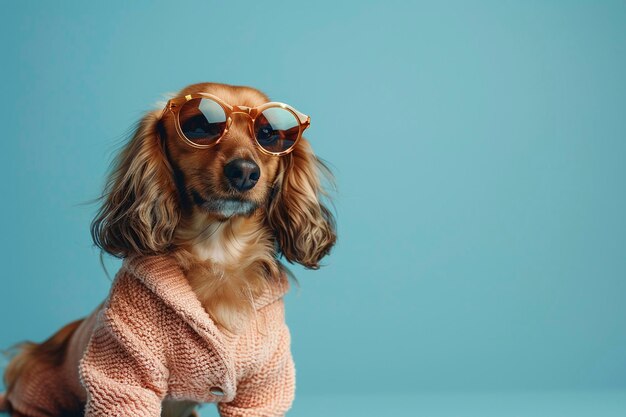 Bulldog trägt Kleidung und Sonnenbrille auf gelbem Hintergrund