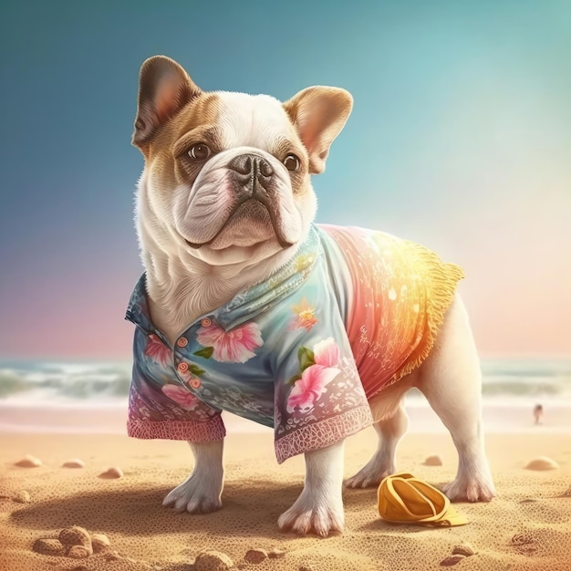 Bulldog traje de playa de verano traje de verano bull dog perrito de raza pequeña con traje IA generativa