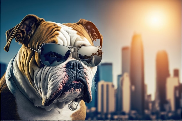 Bulldog urbano duro con gafas de sol con rascacielos de fondo El chico malo de la ciudad IA generativa