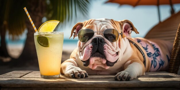 Bulldogge-Hund ist im Sommerurlaub im Badeort und entspannt sich am Sommerstrand von Hawaii