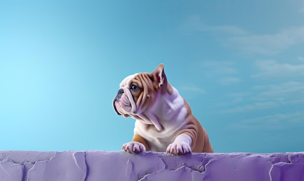 Bulldogge steht am Rand der Wand, Nahaufnahme eines Haustierhundes mit blauem Hintergrund