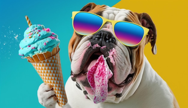 Bulldogge trägt eine Sonnenbrille und isst eine Eistüte auf einem farbenfrohen Hintergrund. Generative KI