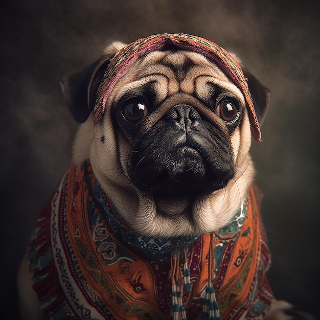 Bulldoggenhund im boho böhmischen mittelalterlichen Hippie-Outfit mit surrealen Perlen