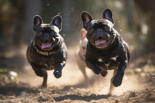Bulldogs franceses corriendo en una carrera de enfoque selectivo en el perro