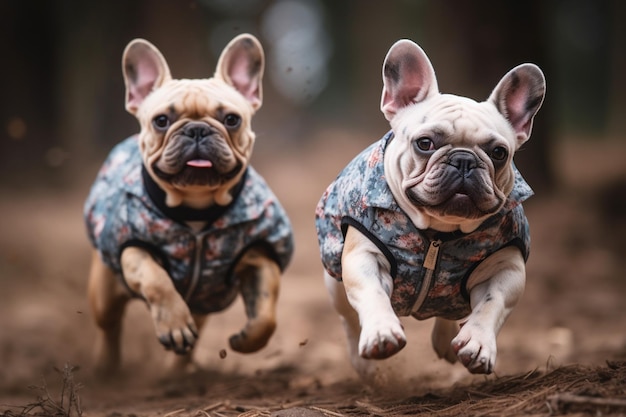 Bulldogs franceses corriendo en una carrera de enfoque selectivo en el perro