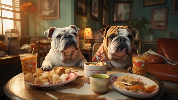 Bulldogs sentados en una silla y comiendo comida