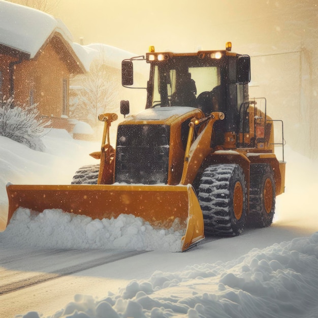 bulldozer amarelo limpando neve em um dia de inverno para limpar uma estrada ai generativa