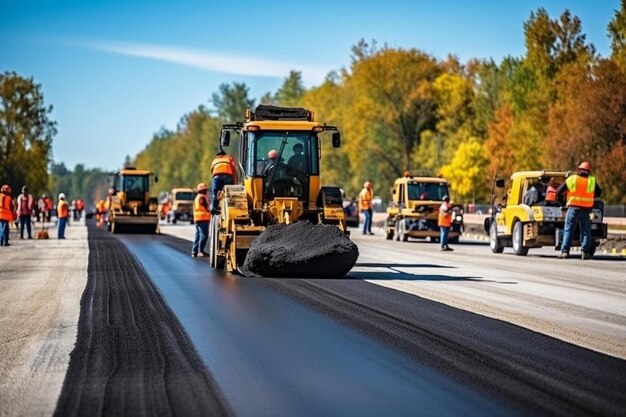 un bulldozer amarillo está tirando de un neumático grande en la carretera