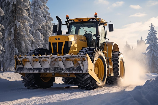 Bulldozer de trator amarelo como uma máquina para limpar a estrada da neve no inverno