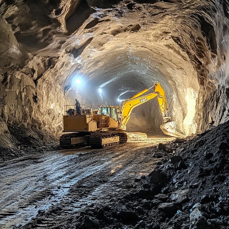 un bulldozer está en un túnel que tiene hielo en él