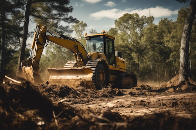 Bulldozer limpando árvores e arbustos de um terreno preparando-o para o desenvolvimento IA generativa