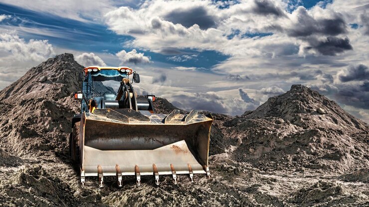 Foto bulldozer oder lader schaufelt bergboden in einen haufen leistungsstarker radlader oder bulldozer mit großem eimer auf einer baustelle vermietung von baumaschinen