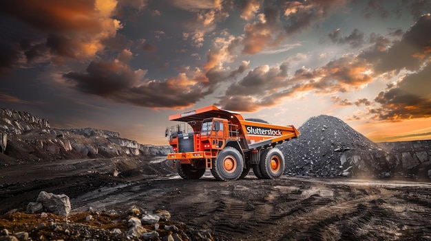 un bulldozer rojo está en una colina con una puesta de sol en el fondo