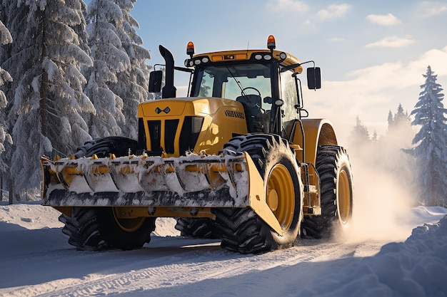 Bulldozer de tractor amarillo como máquina para despejar el camino de la nieve en invierno