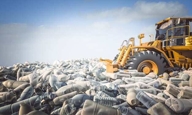 Bulldozer versetzen Berge von Plastikflaschen. Konzept der ökologischen Katastrophe und des recycelbaren Materials.