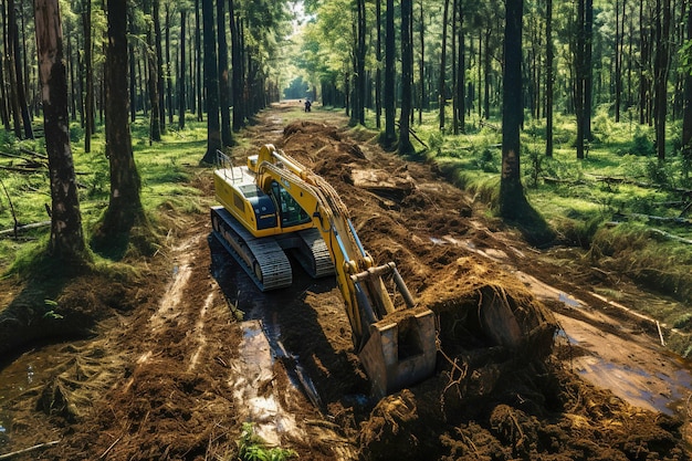 Bulldozers cavando un camino de tierra en un bosque Deforestación global