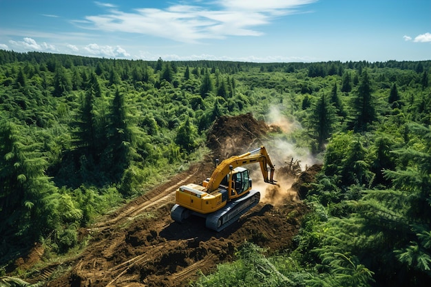 Bulldozers cavando uma estrada de terra em uma floresta Desmatamento global