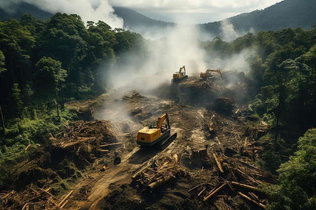 Bulldozers cavando uma estrada de terra em uma floresta Desmatamento global