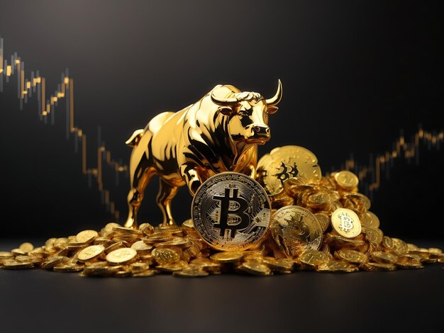 Bulles Finanz-Bitcoin- oder Krypto-Marktkonzept in Gold und Schwarz Generative Ai