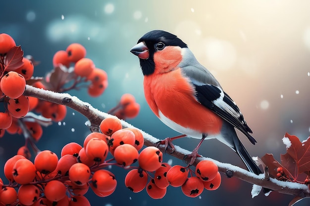 Bullfinch em um ramo de rowan bela ilustração vetorial de vida selvagem de Natal de inverno