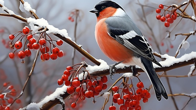 bullfinch em uma cinza de montanha coberta de neve