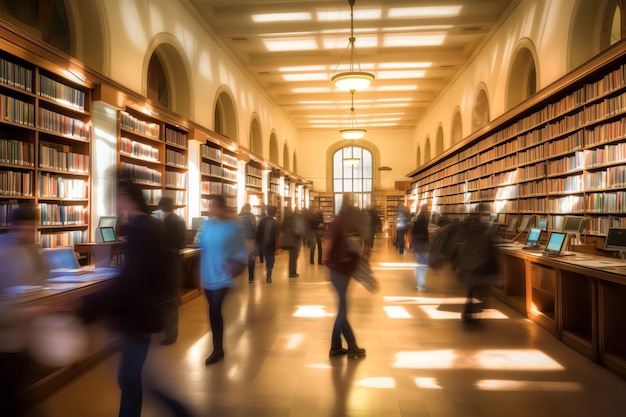 Una bulliciosa biblioteca de la ciudad con gente estudiando