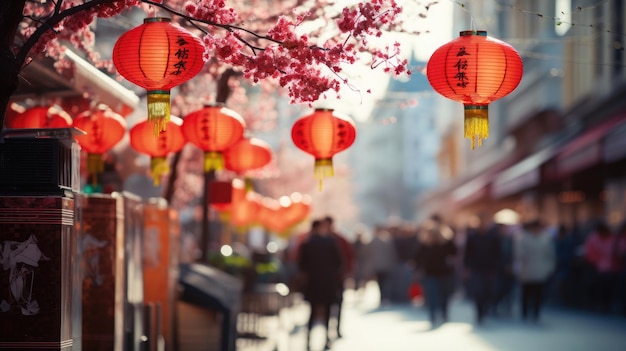 La bulliciosa calle de la ciudad adornada con linternas de primavera Generativo Ai