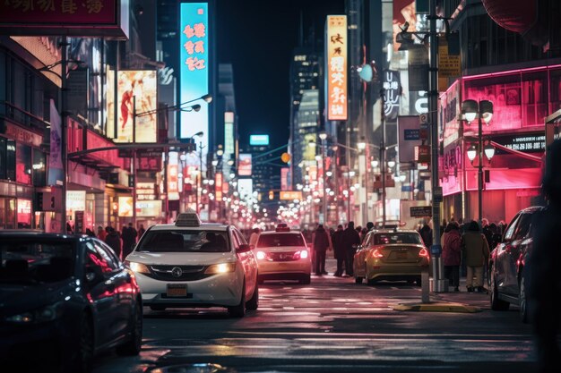 La bulliciosa calle de la ciudad por la noche con señales iluminadas