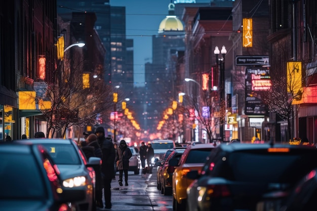 La bulliciosa calle de la ciudad por la noche con señales iluminadas