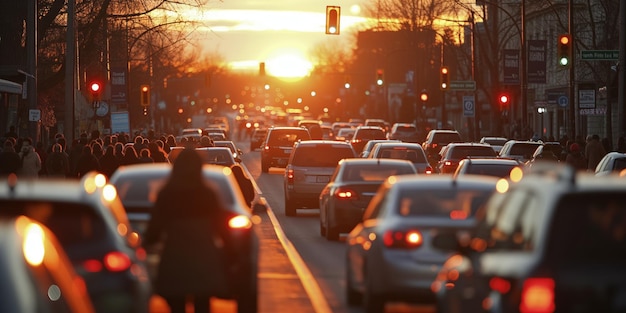 Foto la bulliciosa calle de la ciudad durante la puesta del sol