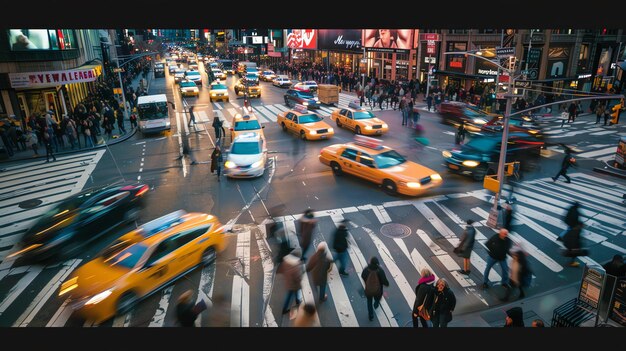 Una bulliciosa calle de la ciudad con taxis amarillos borraron a los peatones que cruzaban la carretera en un cruce de peatones y las luces de la ciudad en el fondo