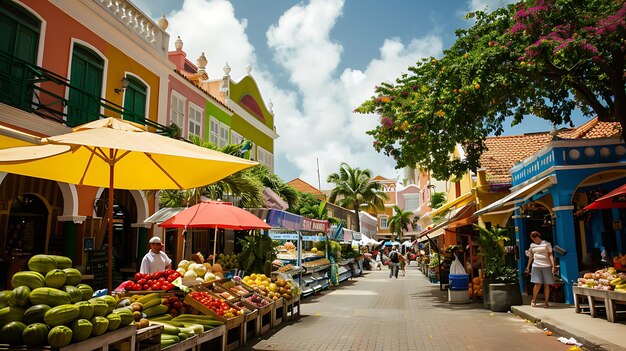 Una bulliciosa calle de mercado con edificios coloridos y follaje exuberante Hay gente caminando y comprando en los varios puestos