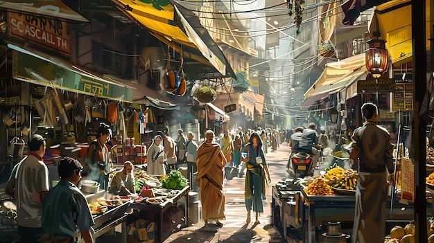 Una bulliciosa calle de mercado con personas que visten ropa tradicional y compran alimentos y otros bienes