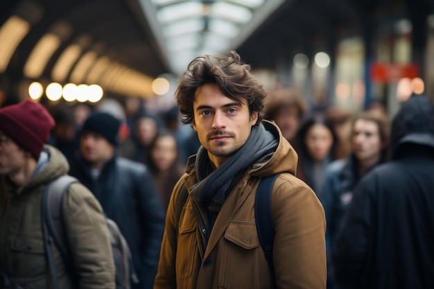 Una bulliciosa estación de tren llena de un joven adulto en medio de la multitud apresurada y bulliciosa