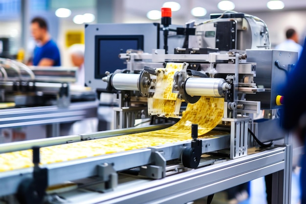 En una bulliciosa fábrica de pasta, una máquina de hacer pasta produce con maestría deliciosa pasta en una cinta transportadora