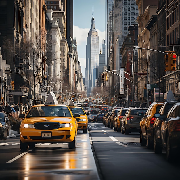 Las bulliciosas calles de la ciudad de Nueva York con taxis amarillos tocando la bocina y gente corriendo por las aceras