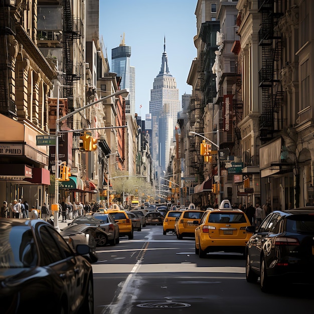 Las bulliciosas calles de la ciudad de Nueva York con taxis amarillos tocando la bocina y gente corriendo por las aceras