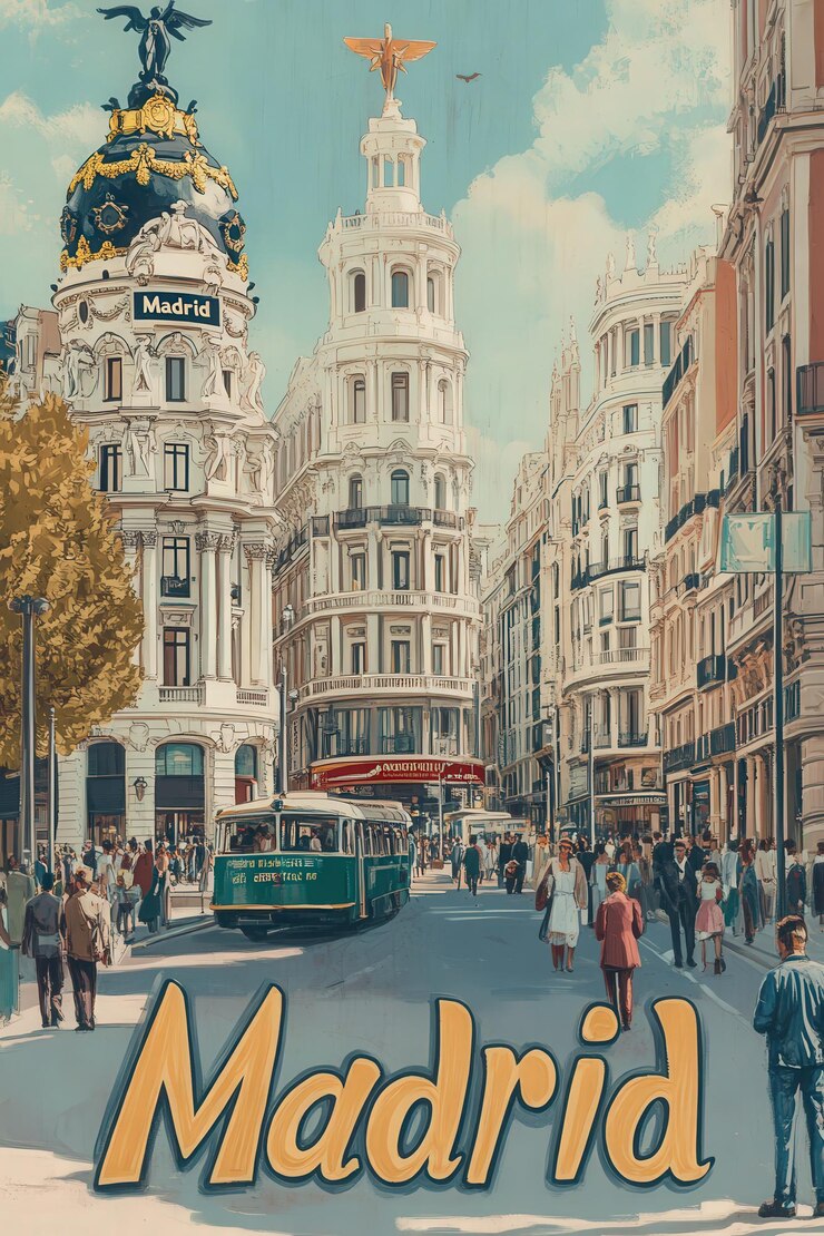 Las bulliciosas calles de Madrid cobran vida con su arquitectura clásica, sus coloridos edificios y sus animados peatones.